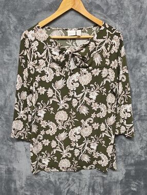 Chico's Olive Green and Cream Floral Tie-Neck Long Sleeve Top